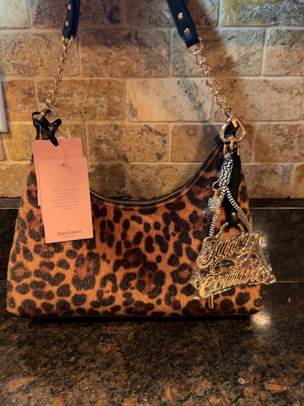 Juicy Couture Leopard Print Shoulder Bag in Tan and Black with Gold Charm